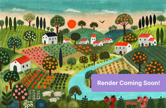 Whimsical countryside landscape with cottages, orchards, rolling hills, and a winding blue river