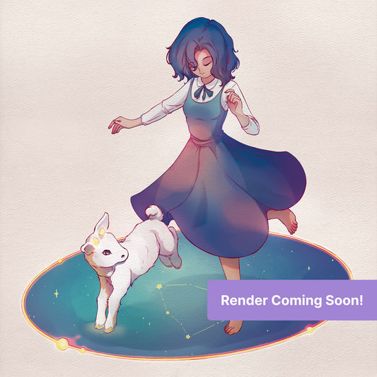 Anime girl dancing with a small unicorn on a glowing celestial base