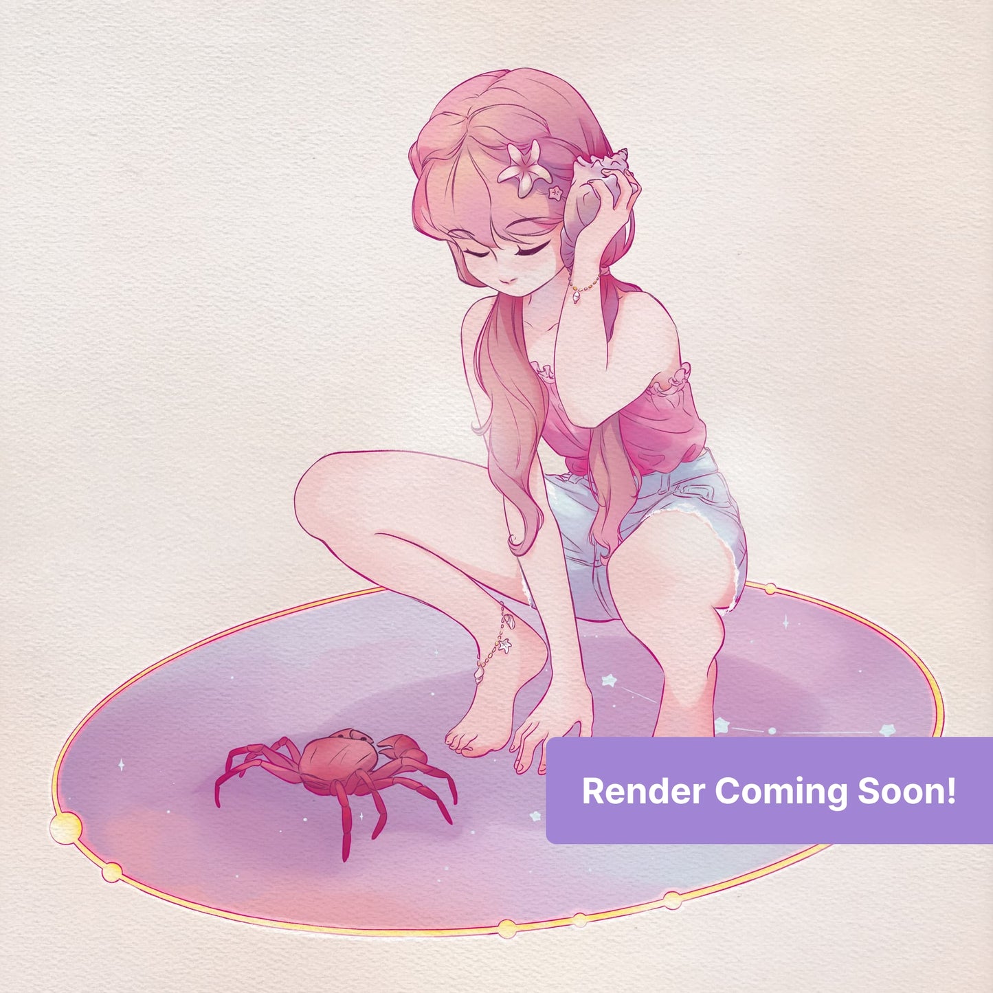 Anime-style girl with pink hair kneeling beside a crab on a pastel glowing mat