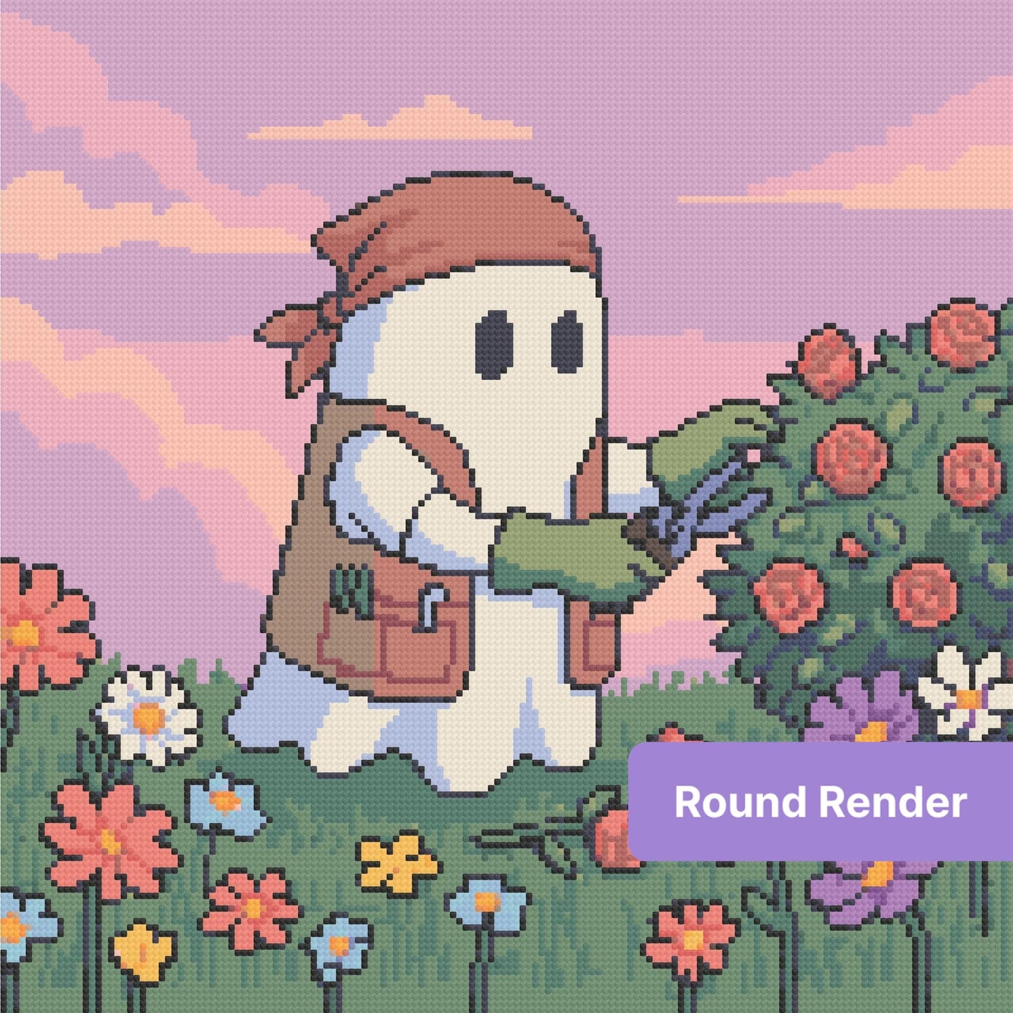 Cute pirate ghost in a pastel flower garden with a dreamy pink sky and colorful blossoms