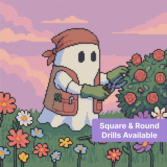 Cute pirate ghost in a pastel flower garden with a dreamy pink sky and colorful blossoms