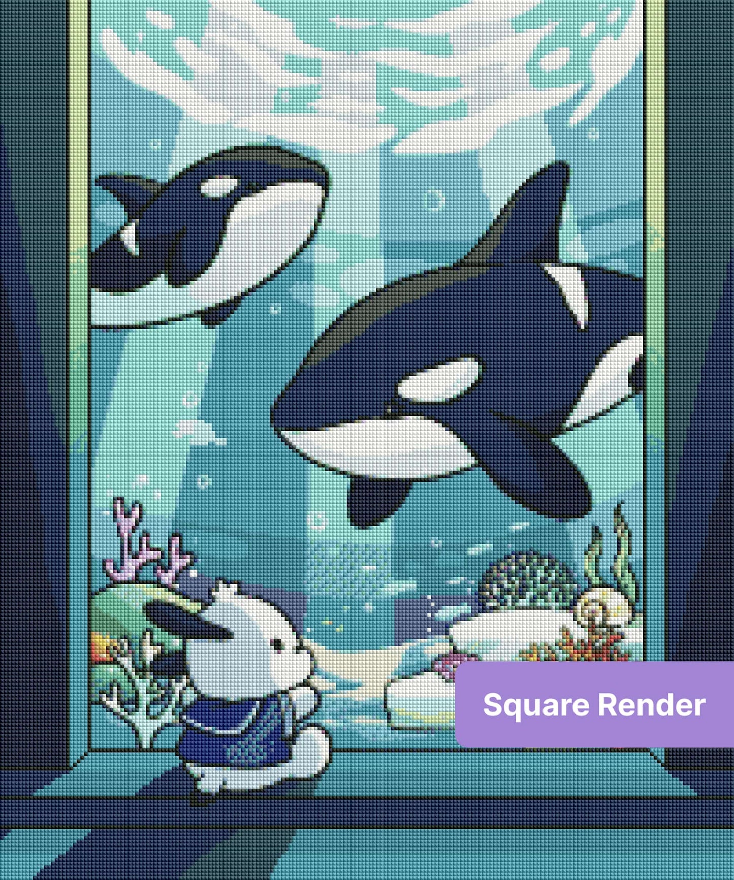 Cute cartoon orcas and a sailor bunny in a colorful underwater coral scene