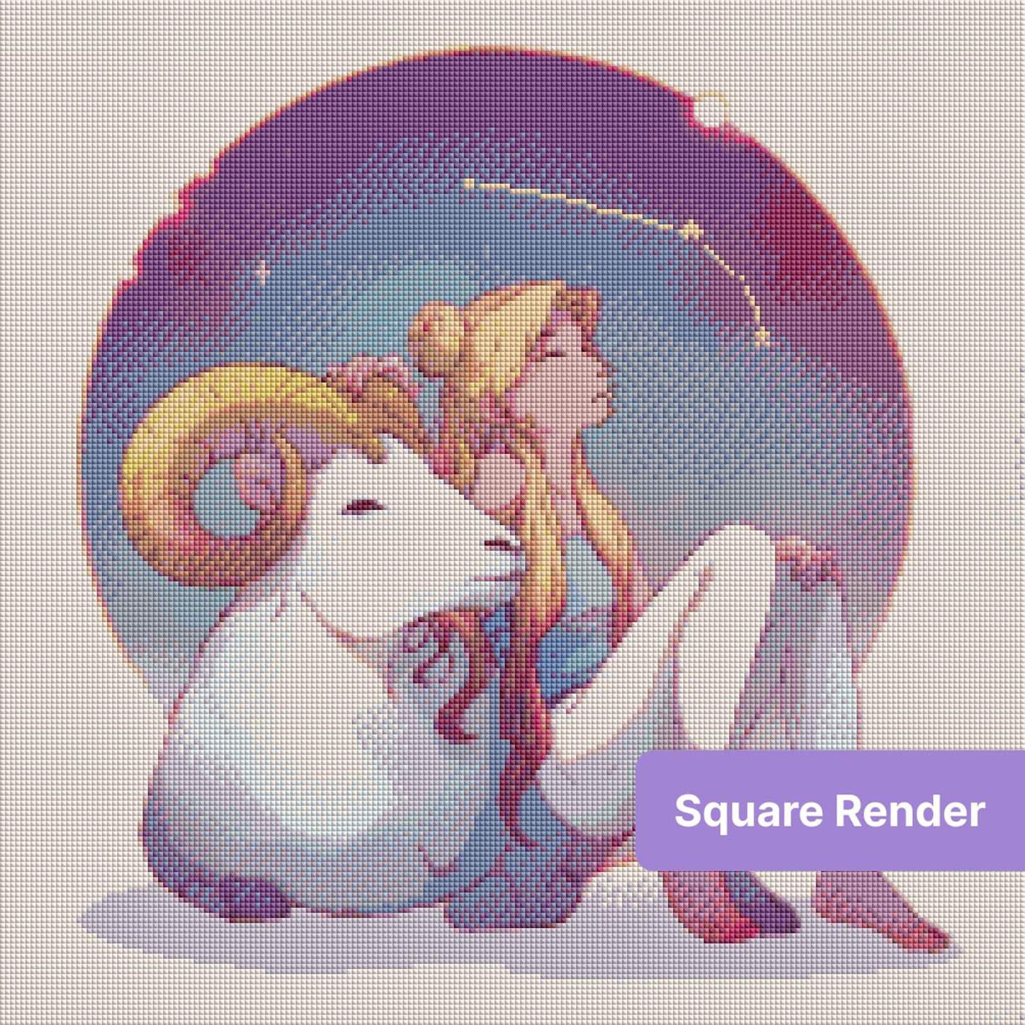 Anime-style girl with white ram in a celestial zodiac scene, soft pastel fantasy art