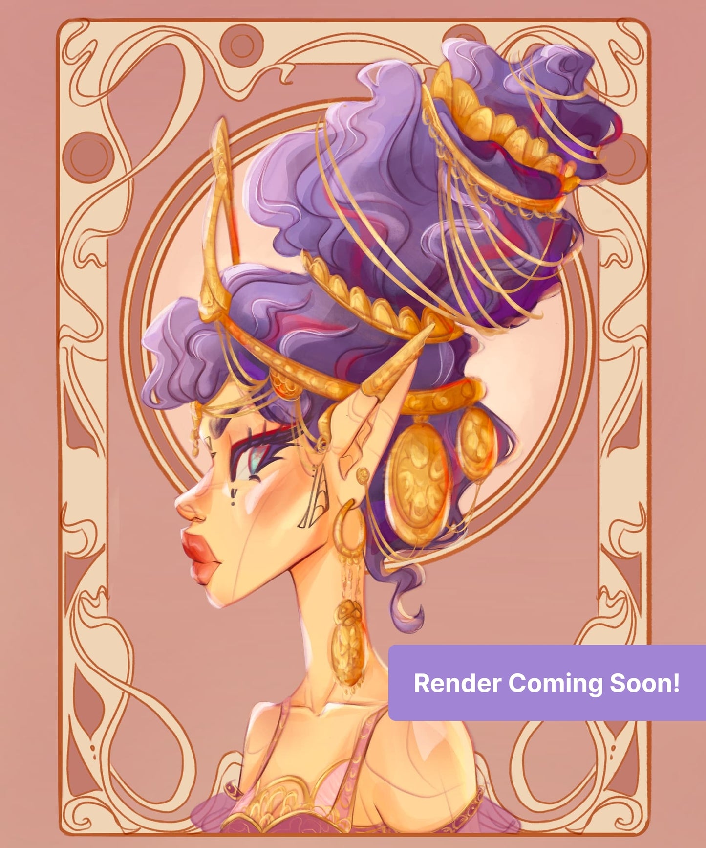 Fantasy woman with purple hair, gold jewelry, and ornate decorative framing