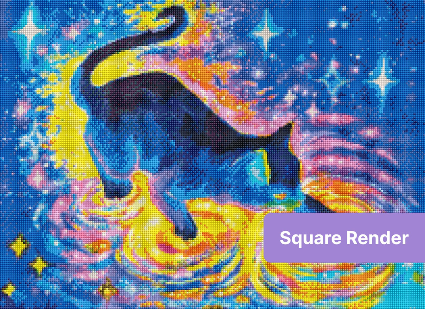 Black cat in a colorful cosmic fantasy scene with swirling stars and bright galaxy hues
