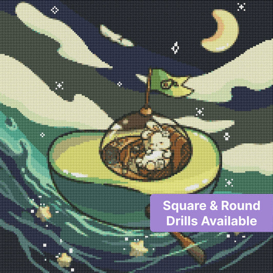 Cute bunny in a green space capsule with stars, moon, and flowing cosmic waves