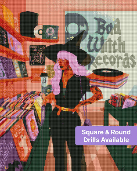 Stylish witch in a record shop surrounded by colorful vinyl and boho decor