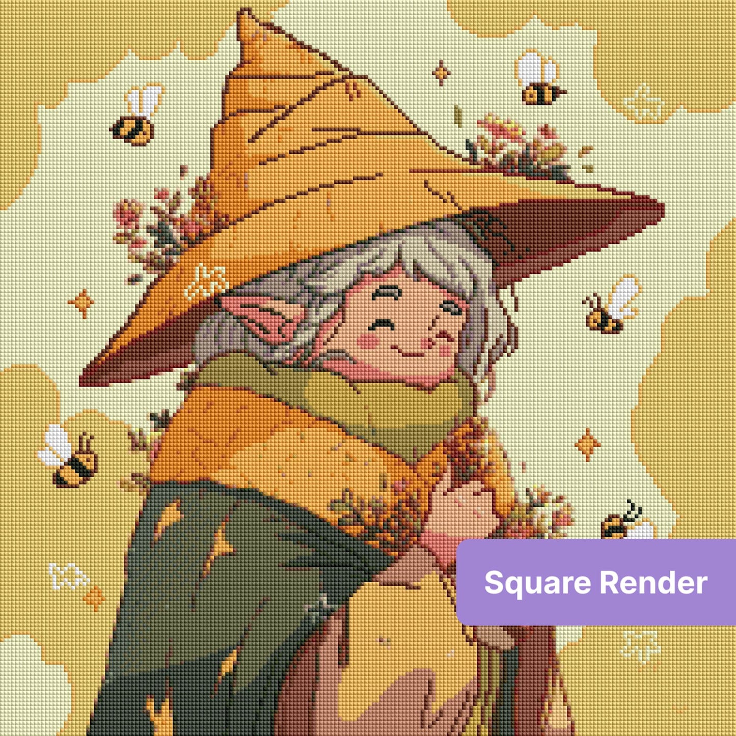 Cute fantasy witch with flowers and bees in warm autumn tones