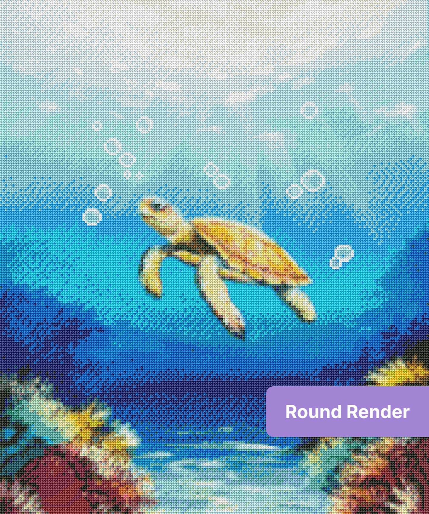 Sea turtle swimming in blue ocean with bubbles and colorful coral reefs