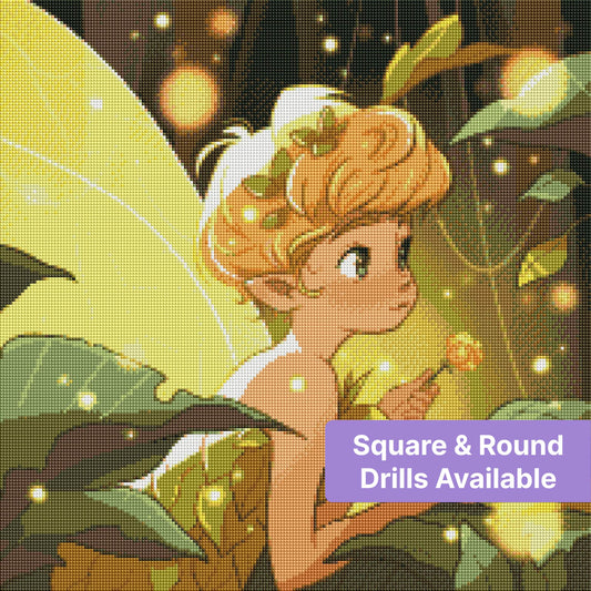 Fairy girl with glowing wings in a magical forest holding a small flower