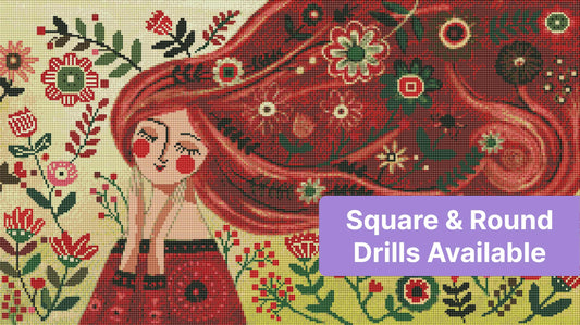 Whimsical girl with flowing red hair surrounded by colorful flowers in folk art style