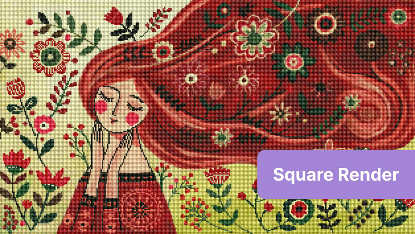 Whimsical girl with flowing red hair surrounded by colorful flowers in folk art style