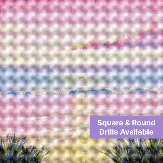 Pastel pink sunset beach scene with shimmering water and lavender flowers in the foreground