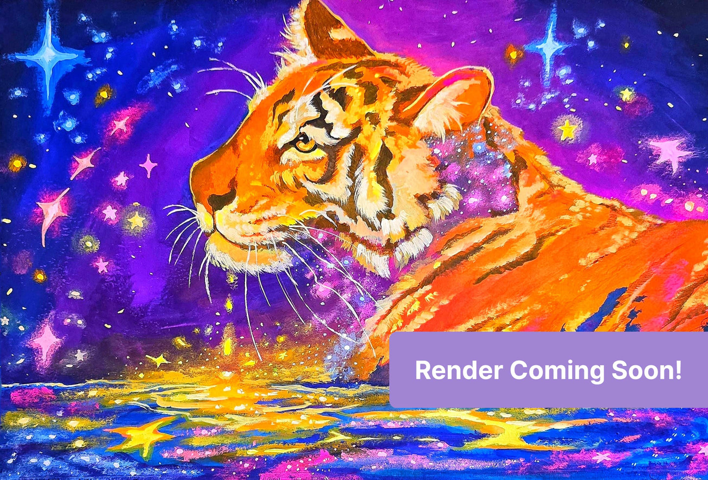 Vibrant tiger portrait with cosmic purple sky, stars, and glowing orange tones