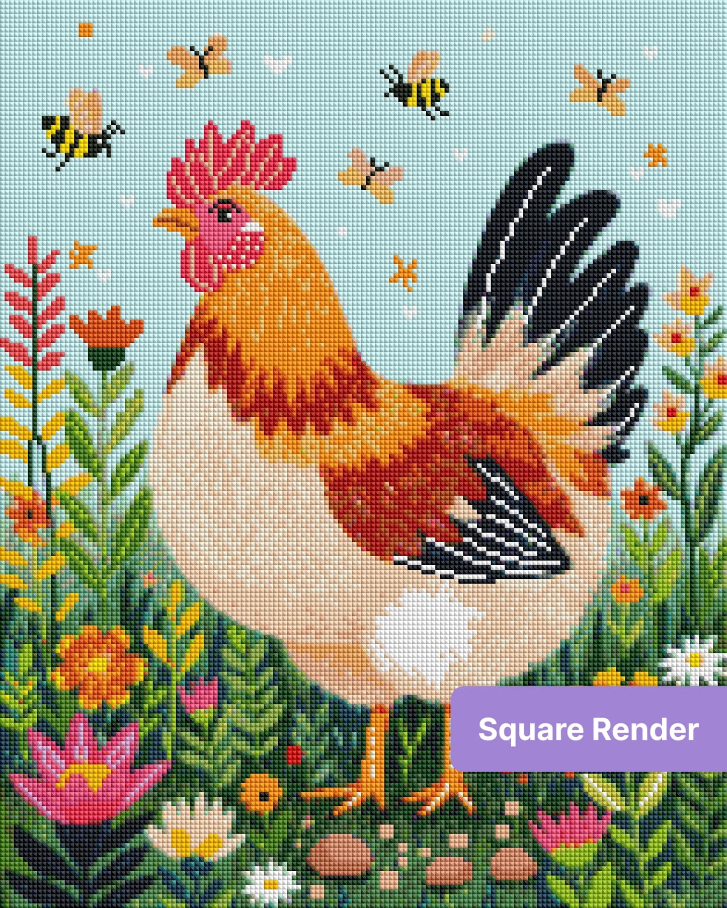 Colorful rooster in a flower garden with butterflies, painted in a whimsical farmhouse style