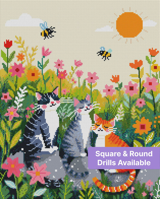 Three cute cats sitting in a colorful flower meadow under a bright sun with bees and blossoms