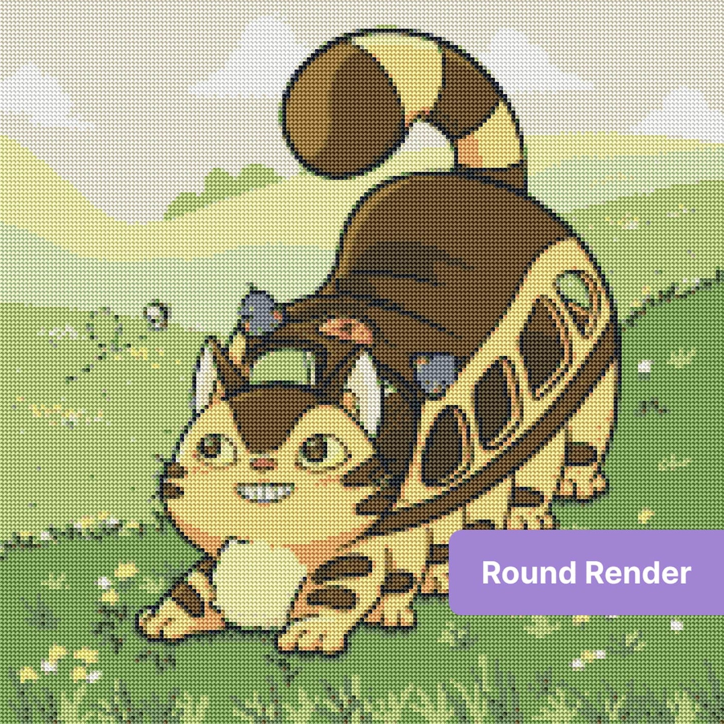 Cartoon cat with fluffy tail in a green meadow, playful animal diamond art style