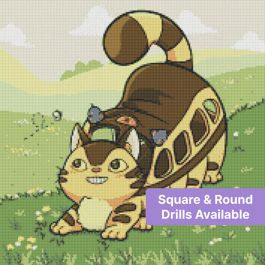 Cartoon cat with fluffy tail in a green meadow, playful animal diamond art style