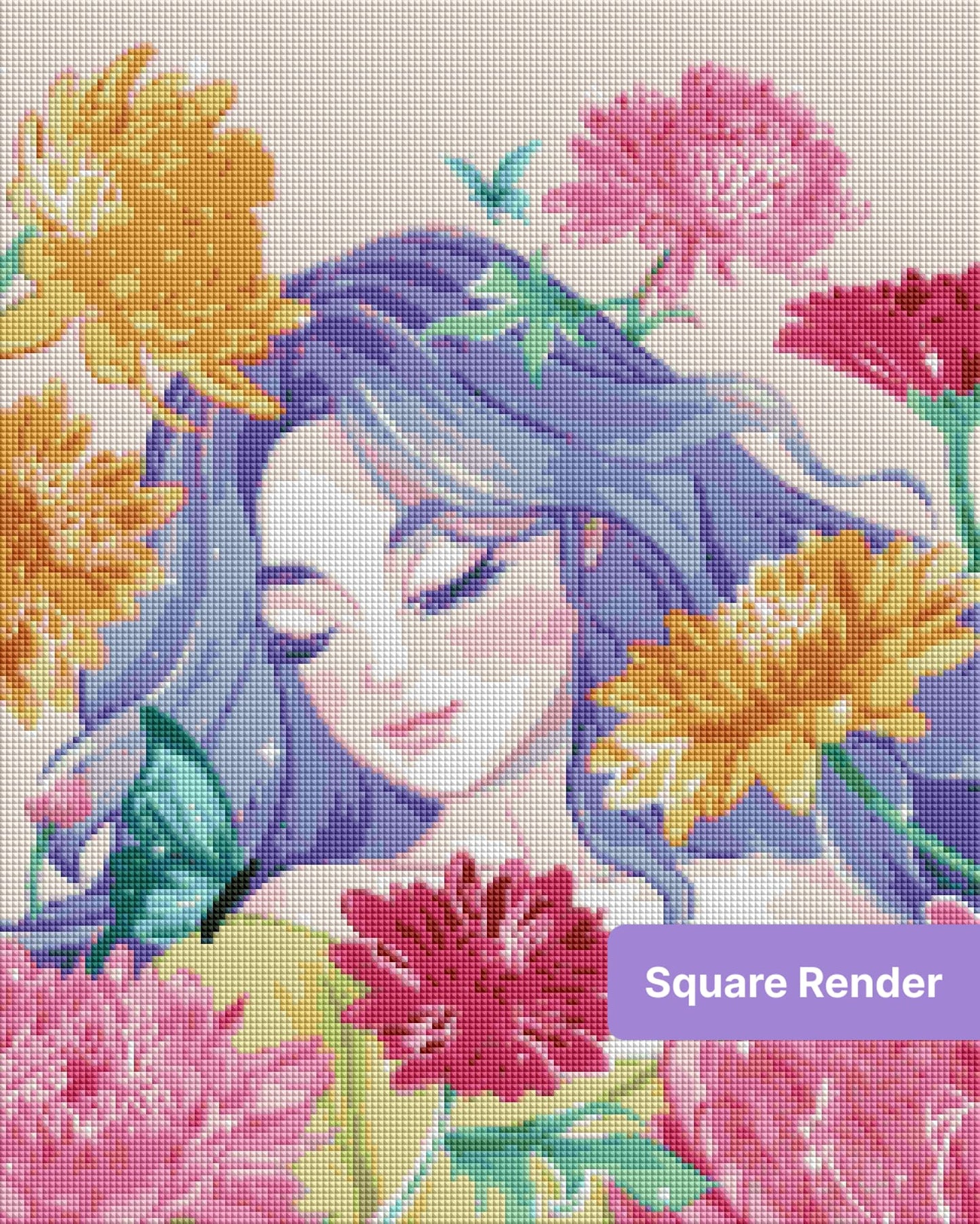 Fantasy woman with blue hair surrounded by colorful flowers and butterflies in pastel illustration style