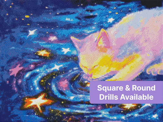Colorful cosmic cat with stars and swirling galaxy background in fantasy style