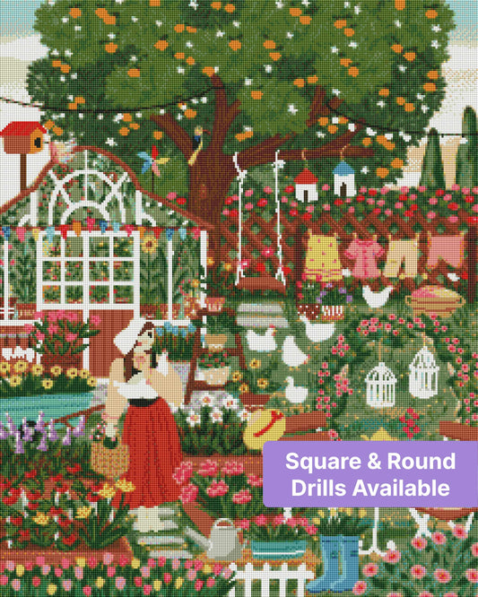 Whimsical garden tea party with flowers, birds, laundry, and a woman in a red dress