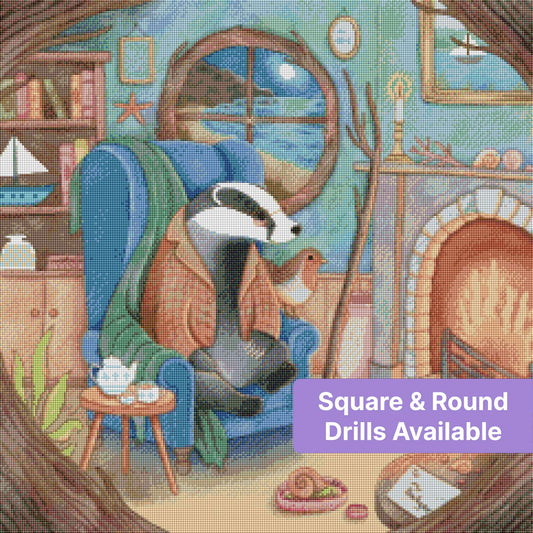 Badger in a blue armchair by a fireplace, cozy seaside cottage with whimsical nautical decor