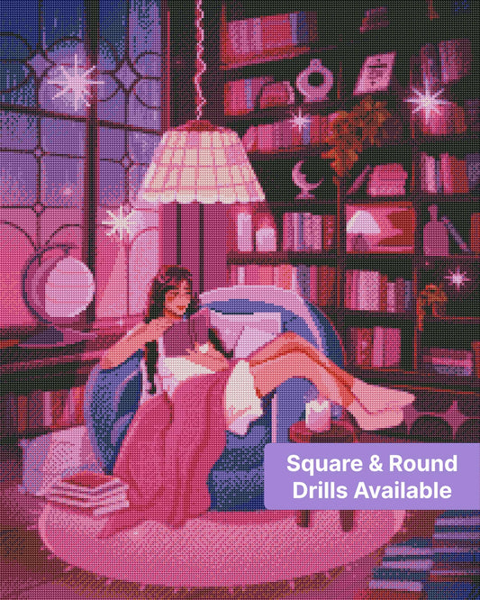 Cozy illustrated reading room with bookshelves, candles, and a woman reading in a purple-pink fantasy style