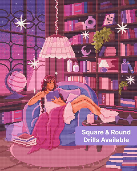 Girl reading in a cozy pink and purple fantasy room with books, candles, and soft lighting