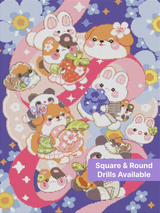 Cute kawaii animal friends with flowers and fruit in a pastel cartoon style
