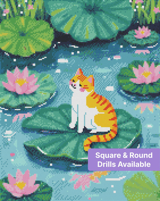Orange and white cat sitting on lily pads with pink lotus flowers in a whimsical pond scene
