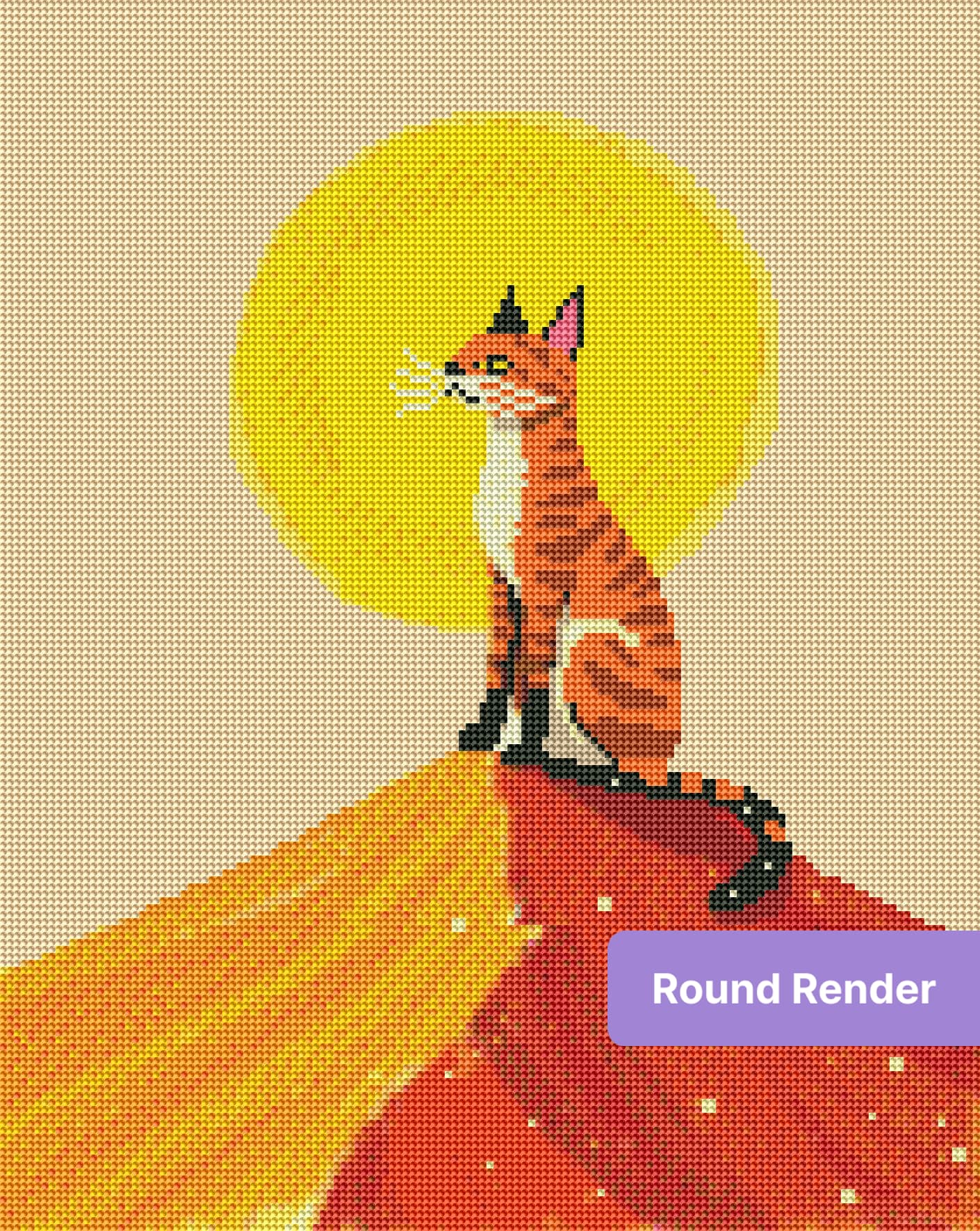 Orange tabby cat sitting on a colorful sunset hill with a bright golden sun behind it