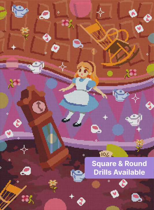 Pixel art Alice in Wonderland scene with teacups, chess pieces, and pastel fantasy colors