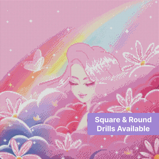 Pastel fantasy girl among clouds, rainbow, and flowers in a dreamy pink illustration