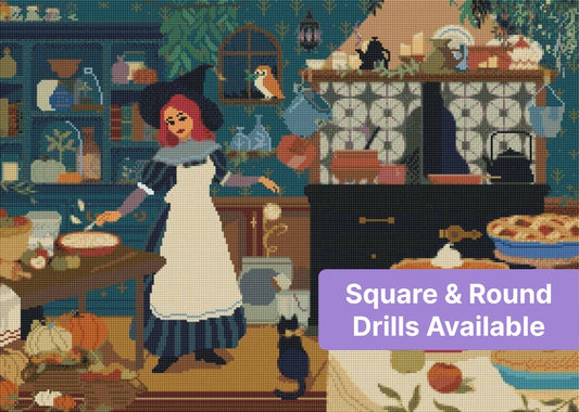 Whimsical witch baking pies in a cozy autumn kitchen with rustic cottagecore details