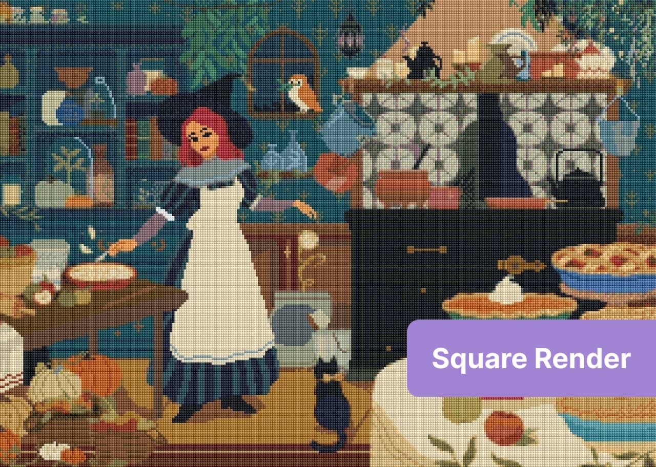 Whimsical witch baking pies in a cozy autumn kitchen with rustic cottagecore details