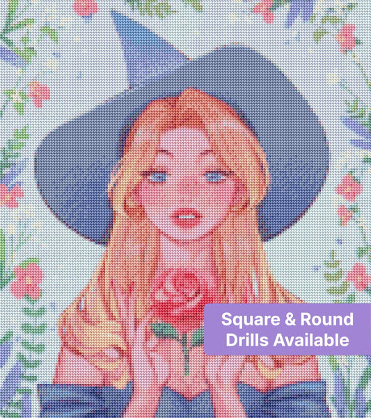 Anime-style blonde girl in a blue witch hat holding a pink rose with floral accents