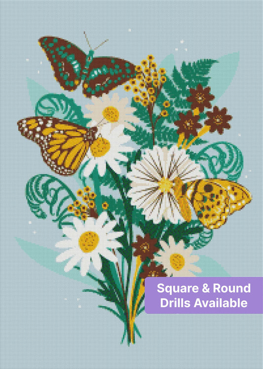 Floral bouquet with colorful butterflies in a whimsical botanical style
