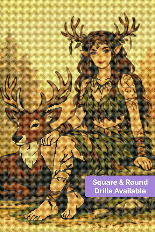 Fantasy forest fairy with antlers seated beside a deer in warm autumn tones