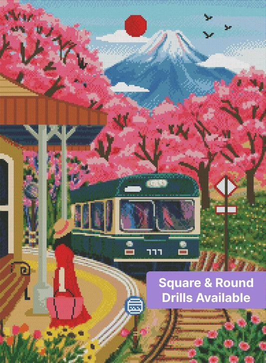 Cherry blossom train station scene with vintage train, woman in red dress, and mountain backdrop