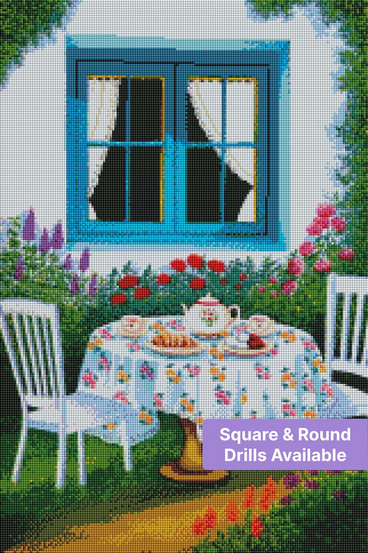 Garden tea party scene with blue window, floral tablecloth, teapot, and blooming flowers