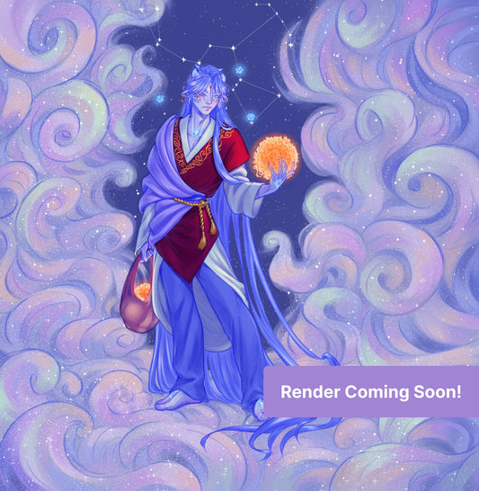 Blue-haired fantasy figure with glowing orb amid pastel clouds and stars