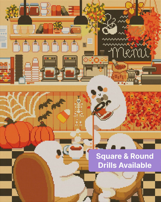 Pixel-style autumn coffee shop with cute white characters, pumpkins, and warm cozy décor