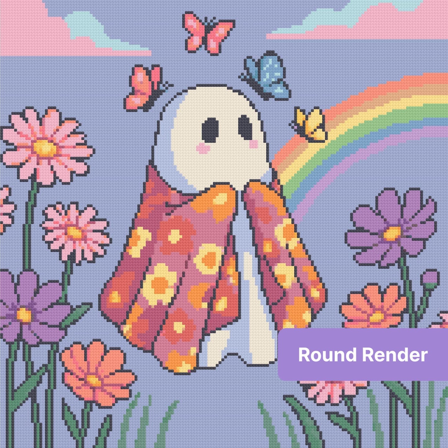 Cute ghost in a floral robe with butterflies, rainbow, and pastel flowers