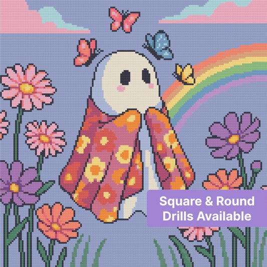 Cute ghost in a floral robe with butterflies, rainbow, and pastel flowers