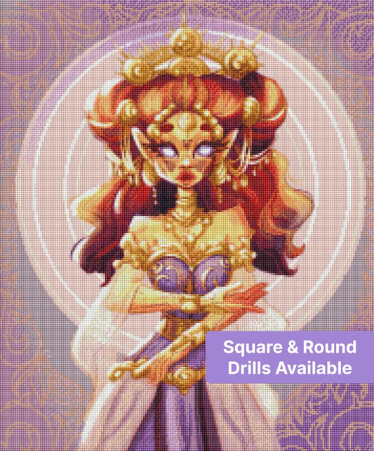 Fantasy queen portrait with gold jewelry, purple gown, and ornate mandala background