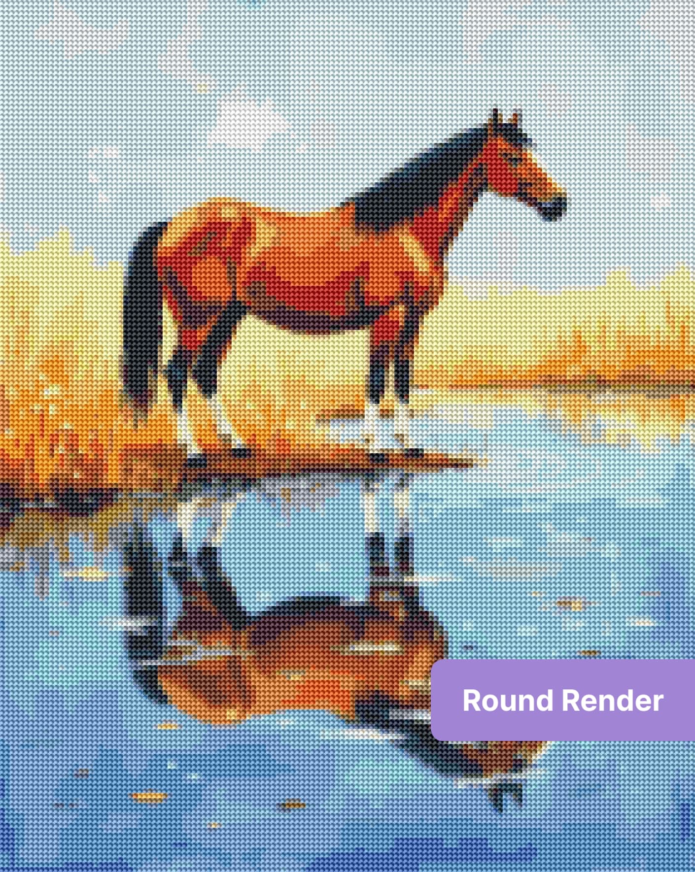 Chestnut horse standing by a pond with golden grass and mirrored reflection