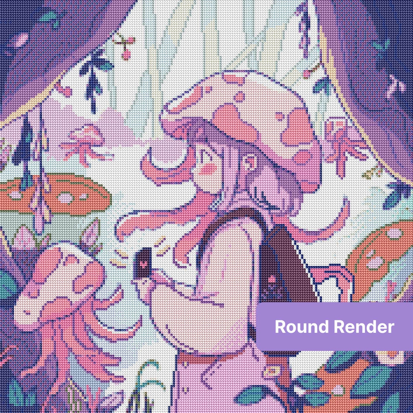 Anime-style mushroom girl in a pastel fantasy forest with flowers and oversized mushrooms