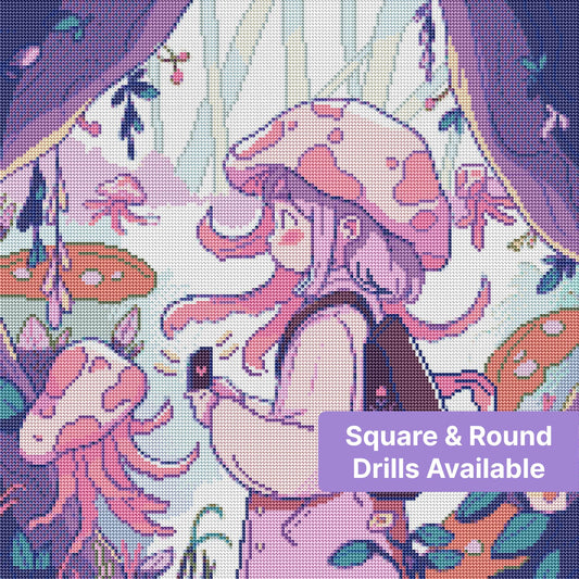 Anime-style mushroom girl in a pastel fantasy forest with flowers and oversized mushrooms