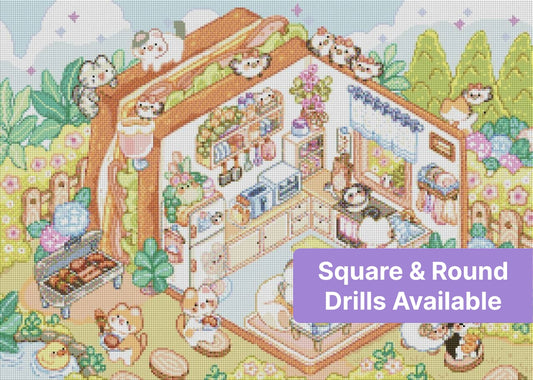 Whimsical cat cottage scene with pastel colors, flowers, and cozy cartoon characters