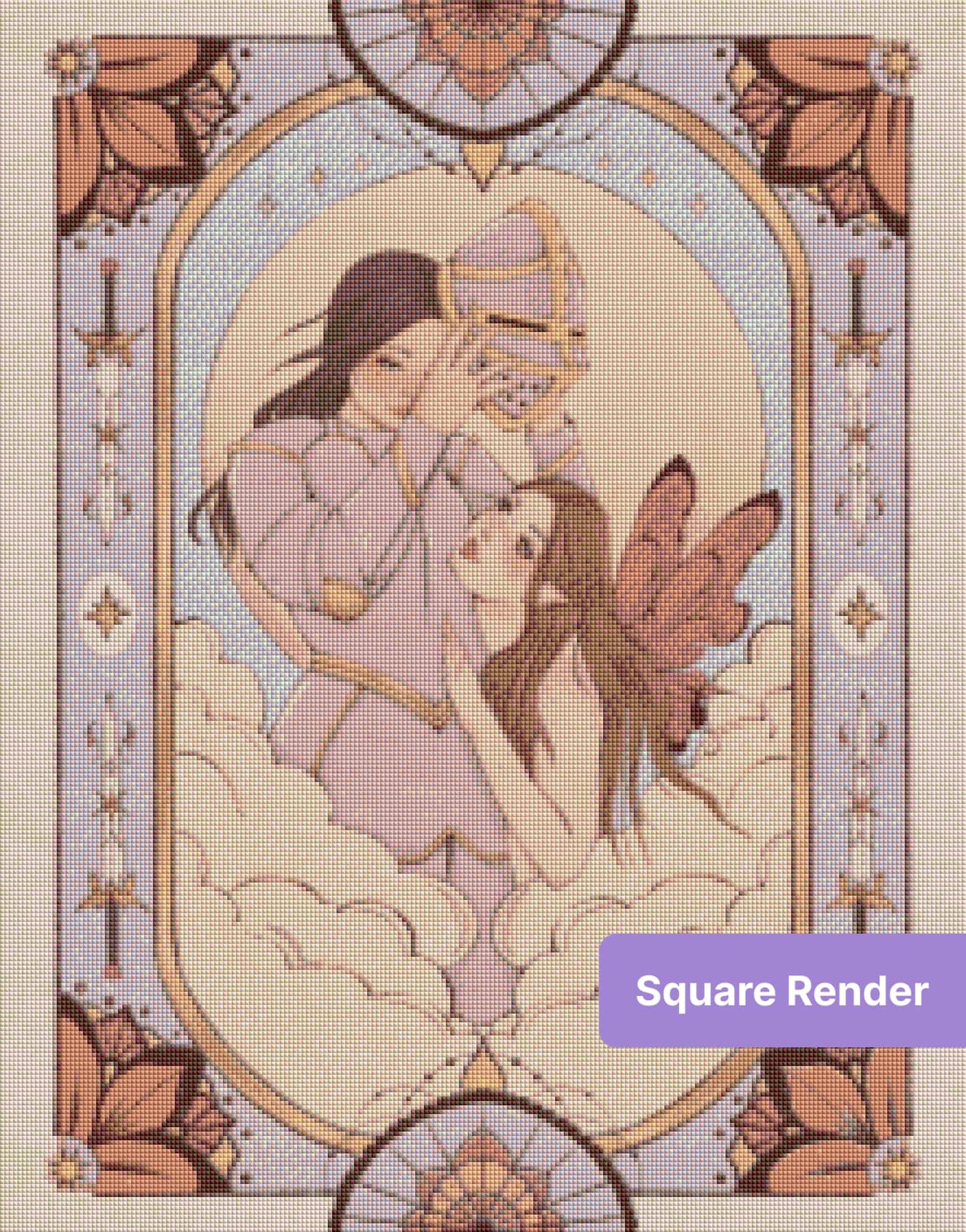 Fantasy fairy and knight in an ornate arched frame with soft clouds and celestial accents